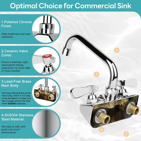 Leak Free Heavy Duty Commercial Kitchen Sink Faucet With 4 Inch Center And 10 Inch Swivel Spout Two Hole Wall Mount Brass Construction