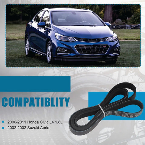 Premium Remax Engine Serpentine Drive Belt Fits Honda Civic 2006-2011 And Suzuki Aerio 2002 image showing belt and car compatibility.