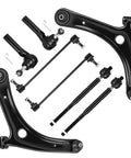 Front Lower Control Arm Suspension Kit With Heavy Duty Ball Joint Tie Rods For 2007 2017 Jeep Compass Patriot And 2009 2012 Dodge Caliber Front End Replacement Eight Piece Set K620065 K620066 laid out.