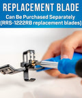 Hand holding RocketRibbon Cable Shaving Tool RRS1222 with SK5 steel blade, adjustable guide for 12-22 mm cables, replacement blade visible