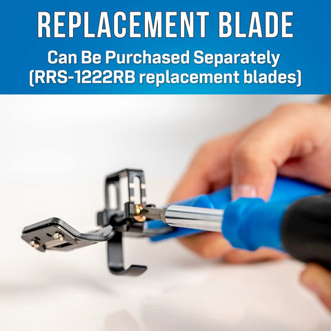 Hand holding RocketRibbon Cable Shaving Tool RRS1222 with SK5 steel blade, adjustable guide for 12-22 mm cables, replacement blade visible
