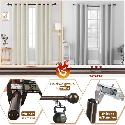 Bronze Adjustable Curtain Rod Set For Windows 32 To 144 Inches, comparing weight support and thickness, 7/8 inch diameter