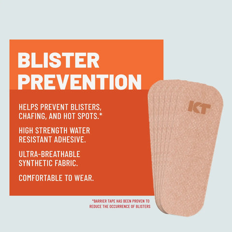 Blister Prevention Tape For Active Lifestyles With 30 Precut Strips next to product highlights on packaging