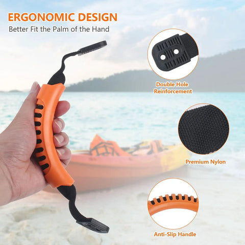 Person holding orange 4 Pack Kayak Carry Handles With Screws 2 Hole Replacement Handles For Canoe Boat Side Mount Carrying Handles Durable.
