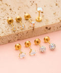 Four Pairs Hypoallergenic Flat Back Earrings For Sensitive Ears In 316L Stainless Steel Screw Back Set With CZ Balls Hearts Stars And Cute FlatBack Studs For Women Go To Everyday Wear, gold studs