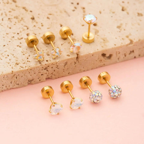 Four Pairs Hypoallergenic Flat Back Earrings For Sensitive Ears In 316L Stainless Steel Screw Back Set With CZ Balls Hearts Stars And Cute FlatBack Studs For Women Go To Everyday Wear, gold studs