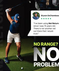 Golfer using Pro Series 9x9 Golf Net With Auto Ball Return indoors, highlighted golfer testimonial, black background.