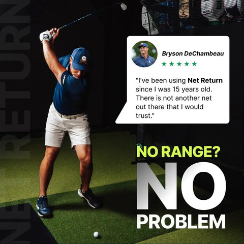 Golfer using Pro Series 9x9 Golf Net With Auto Ball Return indoors, highlighted golfer testimonial, black background.