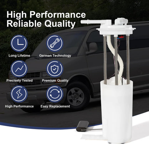 Electric Fuel Pump Assembly For 1997 Through 2002 Chevy Express And GMC Savana Vans, with diagram and vehicle background