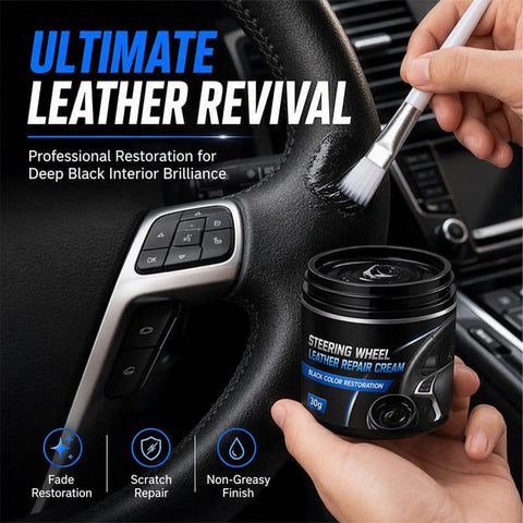Refresh Your Gnarled Steering Wheel With This Badass Nourishing Leather Restoration Cream That Deeply Repairs Scratches And Fades While Keeping Your Car Interior Looking Slick And Pristine, showing leather repair cream applied on a steering wheel.