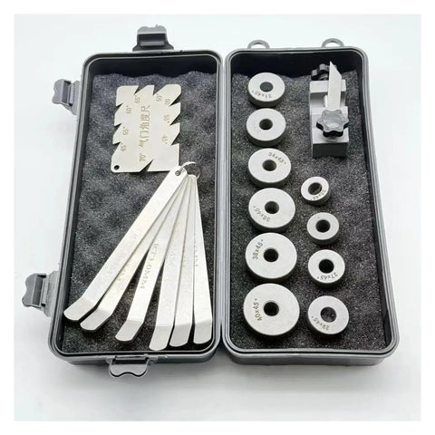 Heavy Duty 20-40mm Valve Seat Diamond Grinding Wheel Set With Angled Ruler And Clearance Gauge For Family Cars To Fix Minor Engine Glitches On The Fly. open case with 20-40mm grinding wheels and angled gauge