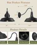 Diagram showing size features of 14 Inch Gooseneck Barn Lights Outdoor Black Wall Sconce 2 Pack For Porch, dimension details included.