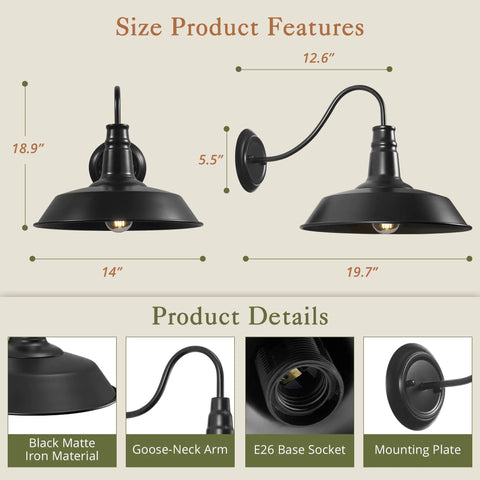 Diagram showing size features of 14 Inch Gooseneck Barn Lights Outdoor Black Wall Sconce 2 Pack For Porch, dimension details included.