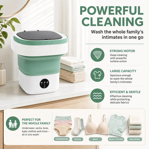 Portable Foldable Mini Washing Machine With Fast Spin Dryer And Flexible Wash Options For Baby Gear Gym Socks And Road Trips on a countertop.