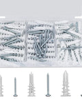 Heavy Duty Self Drilling Drywall Anchors And Screws Kit With 114 Pieces For Hanging Sheetrock Pictures Curtains And Television Mounts No Sweat Setup Rock Solid Grip Quick Install Pro Hardware Bundle in a clear organizer.