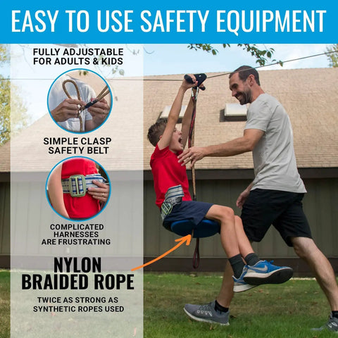 Backyard Zip Line Kit For Kids And Adults With 100 120 150 200 Ft Lengths, image of child in safety harness using zip line