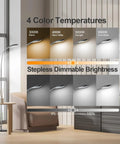 Bright LED Floor Lamp With 12W 1080LM Dimmable Adjustable Gooseneck Reading Light Four Color Temperatures Remote And Touch Control 1 Hour Timer And Memory Function Great For Reading In Living Room Bedroom Or Office Gray showcasing color temperature and dimming options in a room setting.