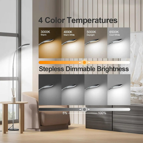 Bright LED Floor Lamp With 12W 1080LM Dimmable Adjustable Gooseneck Reading Light Four Color Temperatures Remote And Touch Control 1 Hour Timer And Memory Function Great For Reading In Living Room Bedroom Or Office Gray showcasing color temperature and dimming options in a room setting.