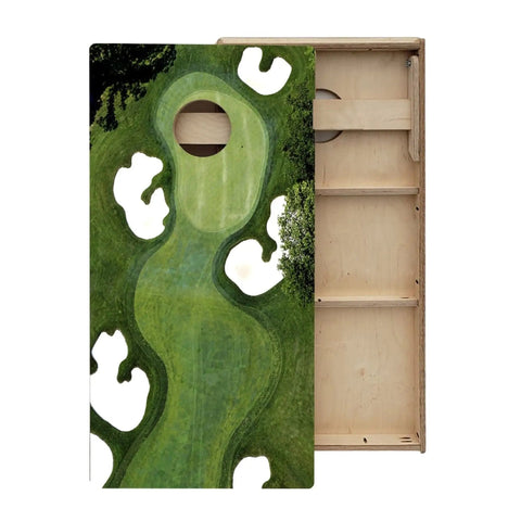Wooden board with a golf course design, part of All Weather Golf Course Themed Cornhole Boards For Backyard Fun And Outdoor Games