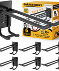 Six Pack 10 Inch Heavy Duty Two Tier Garage Hooks Wall Mount Storage Organizer For Workshop Tools Garden Hose Ladders Chairs And Bikes With Anti Slip Coating Built To Hold Heavy Gear shown with packaging