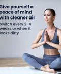 Woman meditating with Inline CPAP Filter Pack For CPAP Machines text about cleaner air and filter replacement cycle.