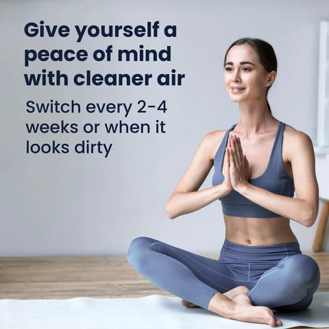 Woman meditating with Inline CPAP Filter Pack For CPAP Machines text about cleaner air and filter replacement cycle.