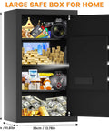 Image of a large home safe box with heavy duty steel construction, combination lock, alarm system, and removable shelves.