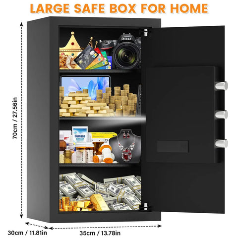 Image of a large home safe box with heavy duty steel construction, combination lock, alarm system, and removable shelves.