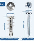 Premium Zinc Self Drilling Drywall Anchors And Screws Kit With 116 Pieces shown with size dimensions