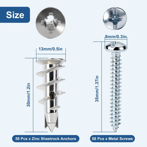 Premium Zinc Self Drilling Drywall Anchors And Screws Kit With 116 Pieces shown with size dimensions