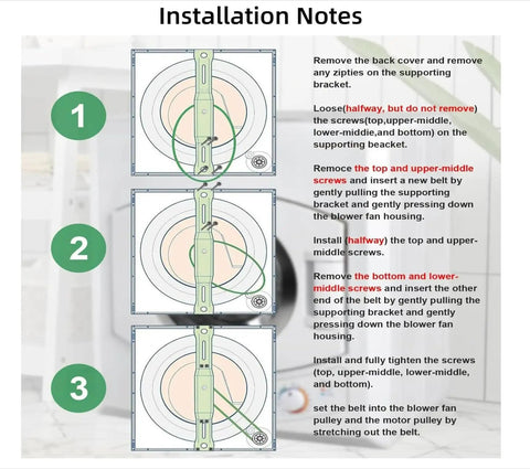 Installation guide for Easy Fit Portable Dryer Blower Belt Replacement For PAN40SF 60SF And SYD40E 60E kit.