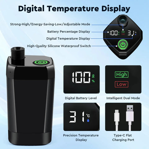 Portable Camping Shower With 6000mAh Battery, LED Display, IPX7 Waterproof Outdoor Shower Kit, digital and battery display features