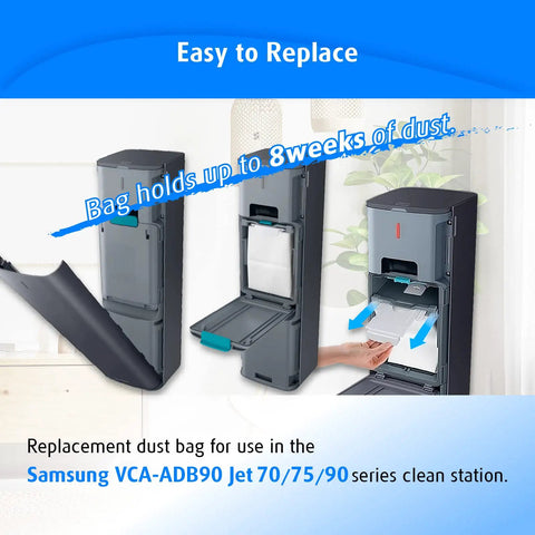 Clean Station Dust Bags For Jet 70 75 90 Series Cordless Vacuums Six Pack Replacement Fits VCA ADB90 Models showing ease of replacement.