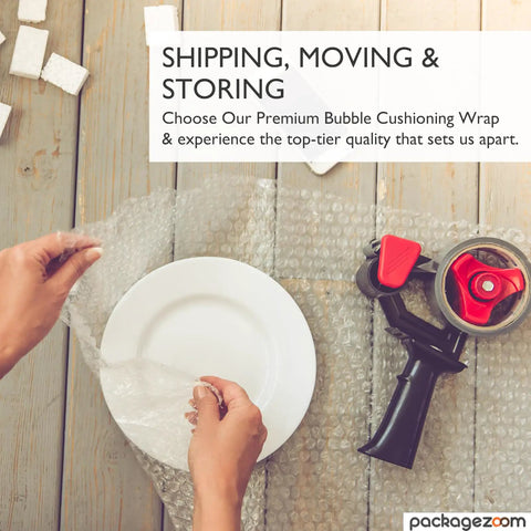 Hands wrapping a plate with Dope Perforated Bubble Cushioning Wrap Roll 12 Inch By 20 Feet, Lightweight Packing Material.
