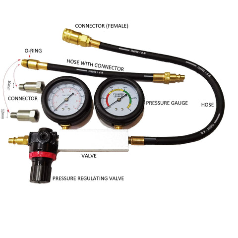 Leak-down tester kit for engine cylinders with dual pressure gauges, hoses and valve, Amazon brand, automotive use