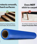 Blue Floor Protection Film 36 Inch by 200 Foot Roll Heavy Duty Self Adhesive Shield shown with hardwood floor and carpet