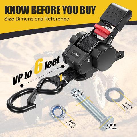 Retractable Tie Down Straps For Any Trailer 1In By 6Ft Bolt On Transom Mount with size reference chart and hardware