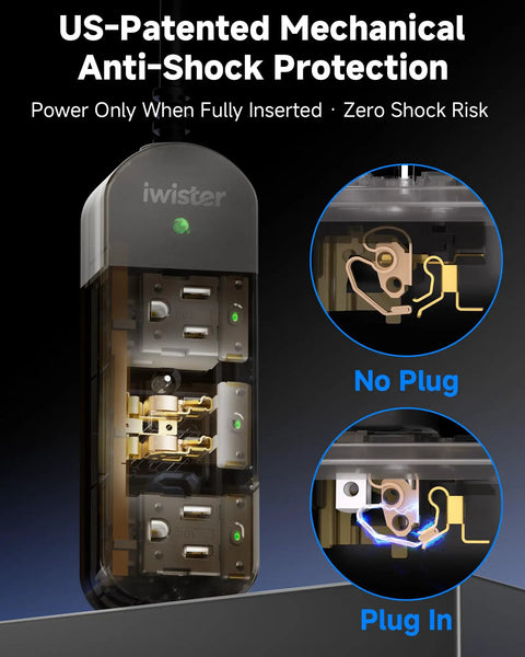 Diagram showing US-patented anti-shock protection mechanism of an Outdoor Weatherproof Power Strip With 3 Outlets.