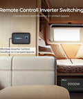 Remote control for 2000W Pure Sine Wave Inverter 12V DC To 110V AC in an RV setting with seating and window.