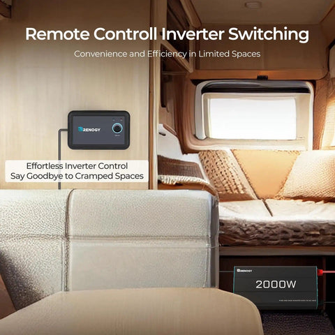 Remote control for 2000W Pure Sine Wave Inverter 12V DC To 110V AC in an RV setting with seating and window.