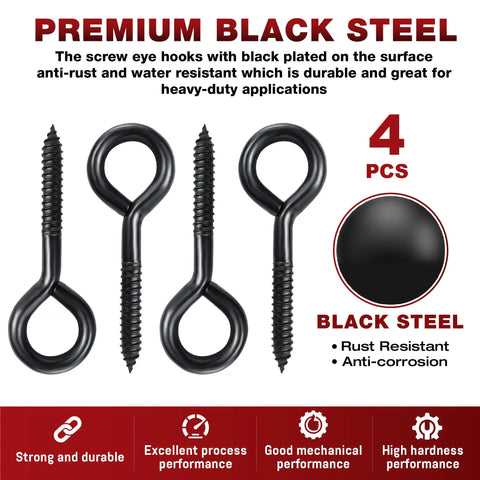 Heavy Duty 6 Inch Screw Eyes Hooks Set PAMAZY With 700 Lbs Load Capacity 4 Pieces Self Tapping Eye Bolts Black Steel