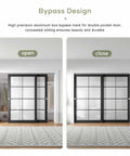 Eight Foot Bypass Double Sliding Pocket Door Hardware Kit For Two Door System With Aluminum Track Commercial Grade Smooth Soft Glide Ball Bearing Rollers Easy Install Concealed Track No Doors Included, shown installed, with doors open and closed.