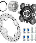 Top Shelf Front Wheel Hub Bearing Kit With Studs Brake Rotor For Polaris Ranger 900 1000 Pro Xd Models, black hub, silver rotor, bearing, and bolts.