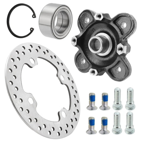 Top Shelf Front Wheel Hub Bearing Kit With Studs Brake Rotor For Polaris Ranger 900 1000 Pro Xd Models, black hub, silver rotor, bearing, and bolts.