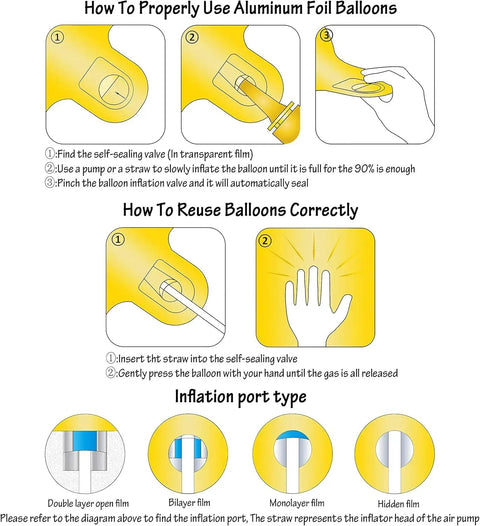 Instructions for using foil balloons in Route 66 Retro Party Balloons Kit With Vintage Car Tire Decor And Vinyl Record Foil Balloons Shield Sign