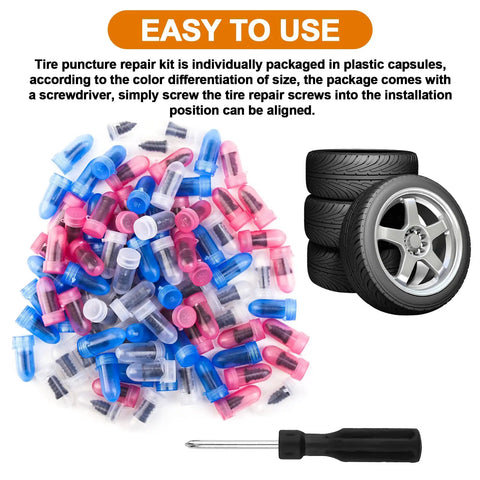 100 Piece Tire Plug Kit With Three Sizes Of Tire Repair Screws And A Screwdriver For Fast On The Road Tire Repairs And Emergency Fixes