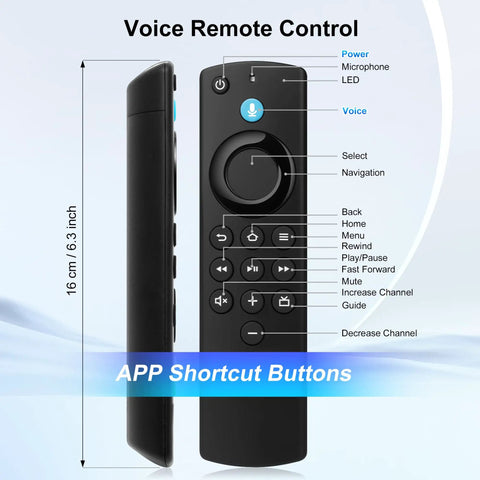 Replacement Remote For Fire TV Sticks And Smart TV Cubes With Voice Control, side and front view, button labels visible