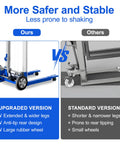 Comparison of manual material lift winch stacker with adjustable height from 3.54 inches to 70 inches showing base stability.