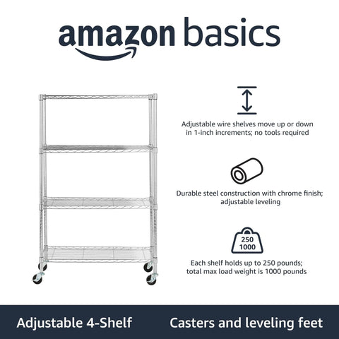 Heavy Duty Four Shelf Wire Storage Rack With Smooth Roll Casters And Super Easy Assembly For Garage Or Basement Gear Holds A Whole Ton Of Tools Plus Outdoor Toys In Durable Chrome Steel 36 By 14 By 58