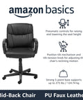 All Day Comfort Office Task Chair With Adjustable Height 360 Degree Swivel Plush Padded Armrests Mid Back Support Rolling Base 275 Pound Capacity Black Faux Leather front view.